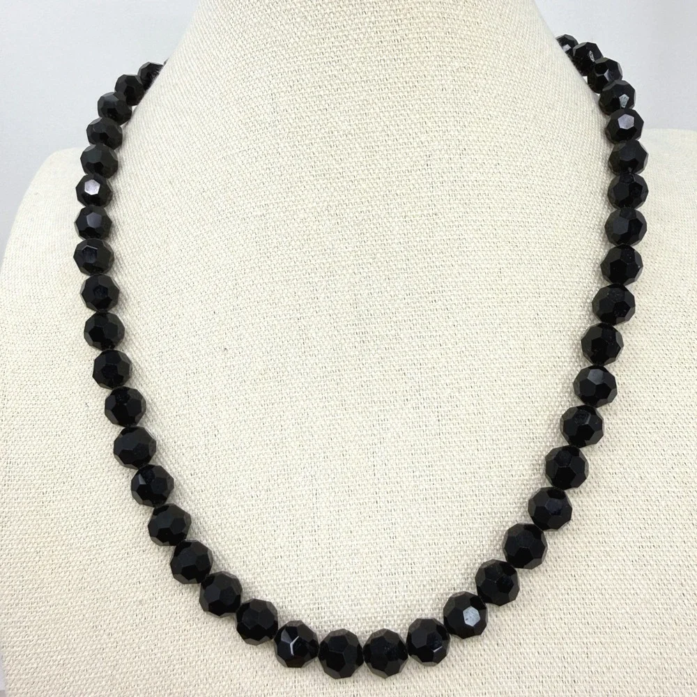 Vendome Vintage Black Faceted Glass Bead Necklace Hook Clasp 19 Inch Mid Century